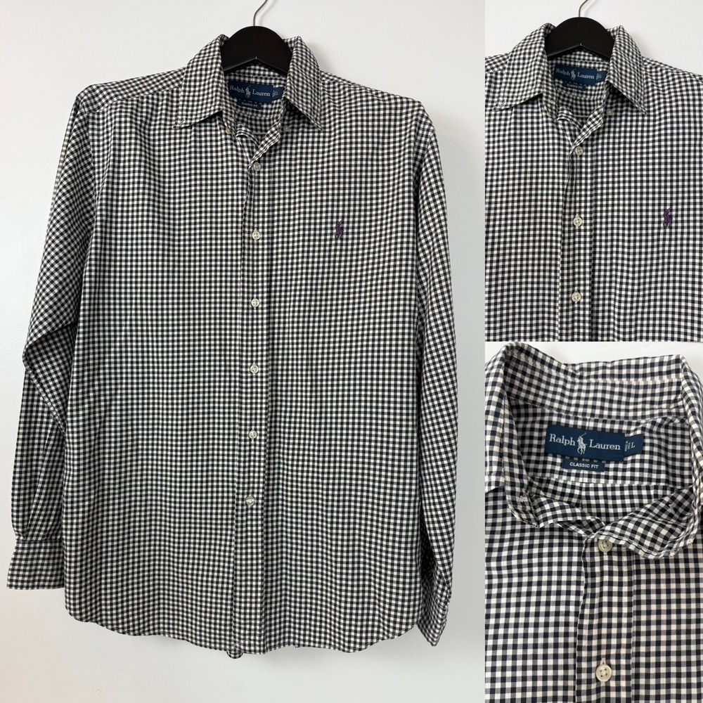 Ralph Lauren Classic Fit‎ Mens Long Sleeve Gingham Check Shirt Black Pony Logo L
